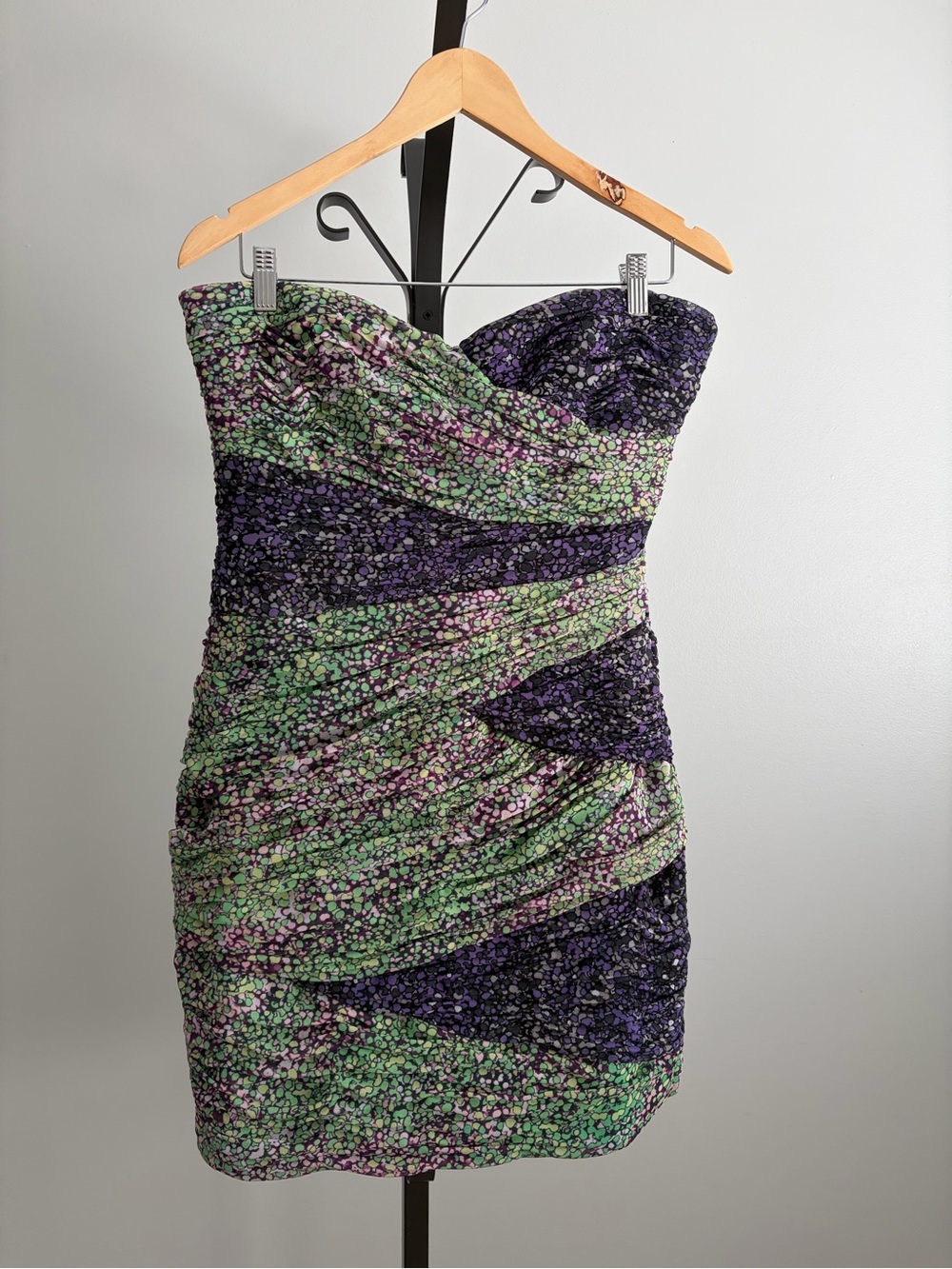 BCBGMAXAZRIA Strapless Ruched Mini Dress in Purple & Green, Size 12.